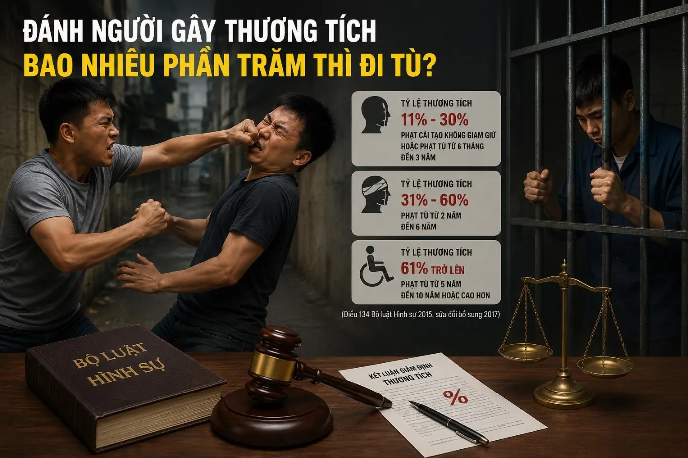 Đánh người gây thương tích bao nhiêu phần trăm thì đi tù?
