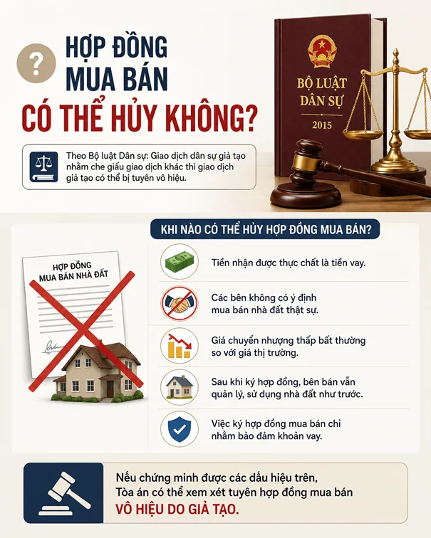 Vay tiền nhưng ký hợp đồng giả mua bán nhà có thể kiện để hủy không?