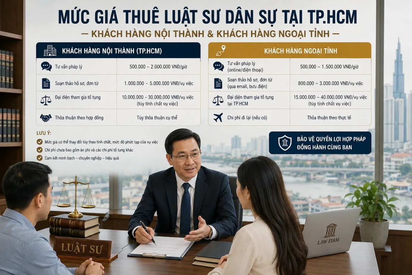 Mức giá thuê luật sư dân sự tại TP.HCM – khách hàng nội thành & khách hàng ngoại tỉnh