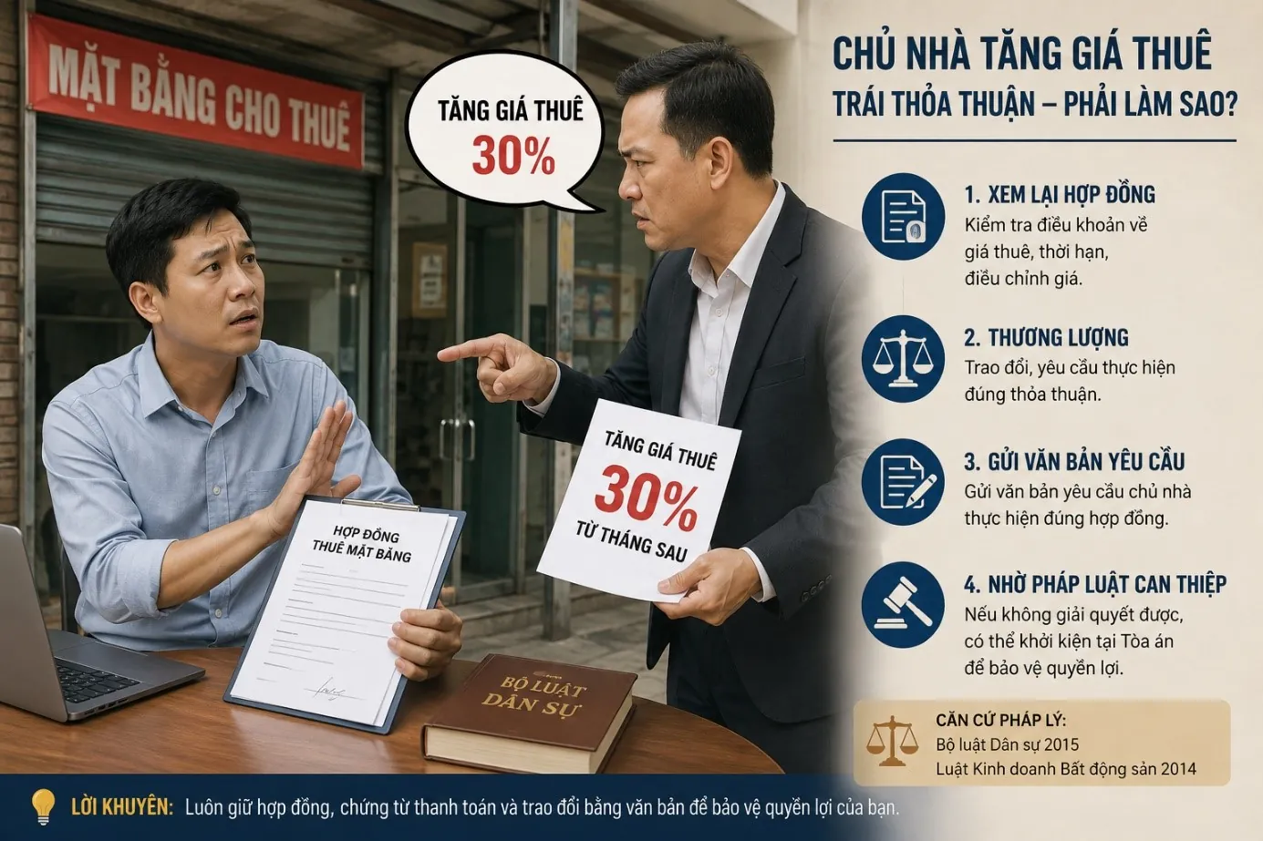 Chủ nhà bất ngờ tăng giá thuê mặt bằng trái thỏa thuận phải làm sao?