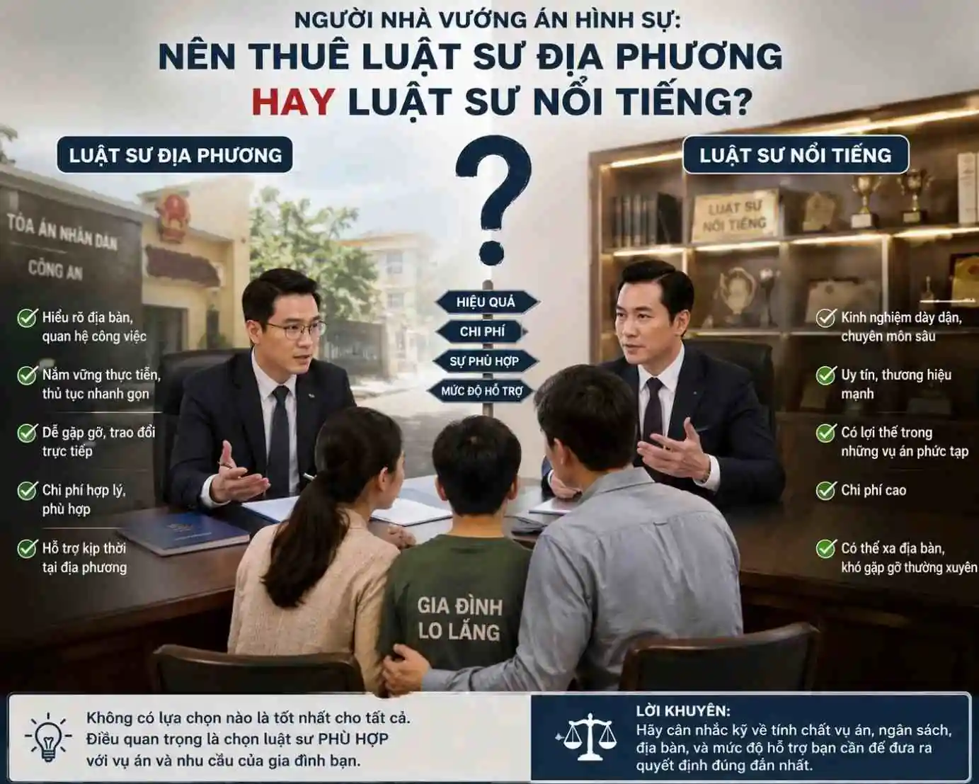Người nhà vướng án hình sự nên thuê luật su địa phương hay luật sư nổi tiếng