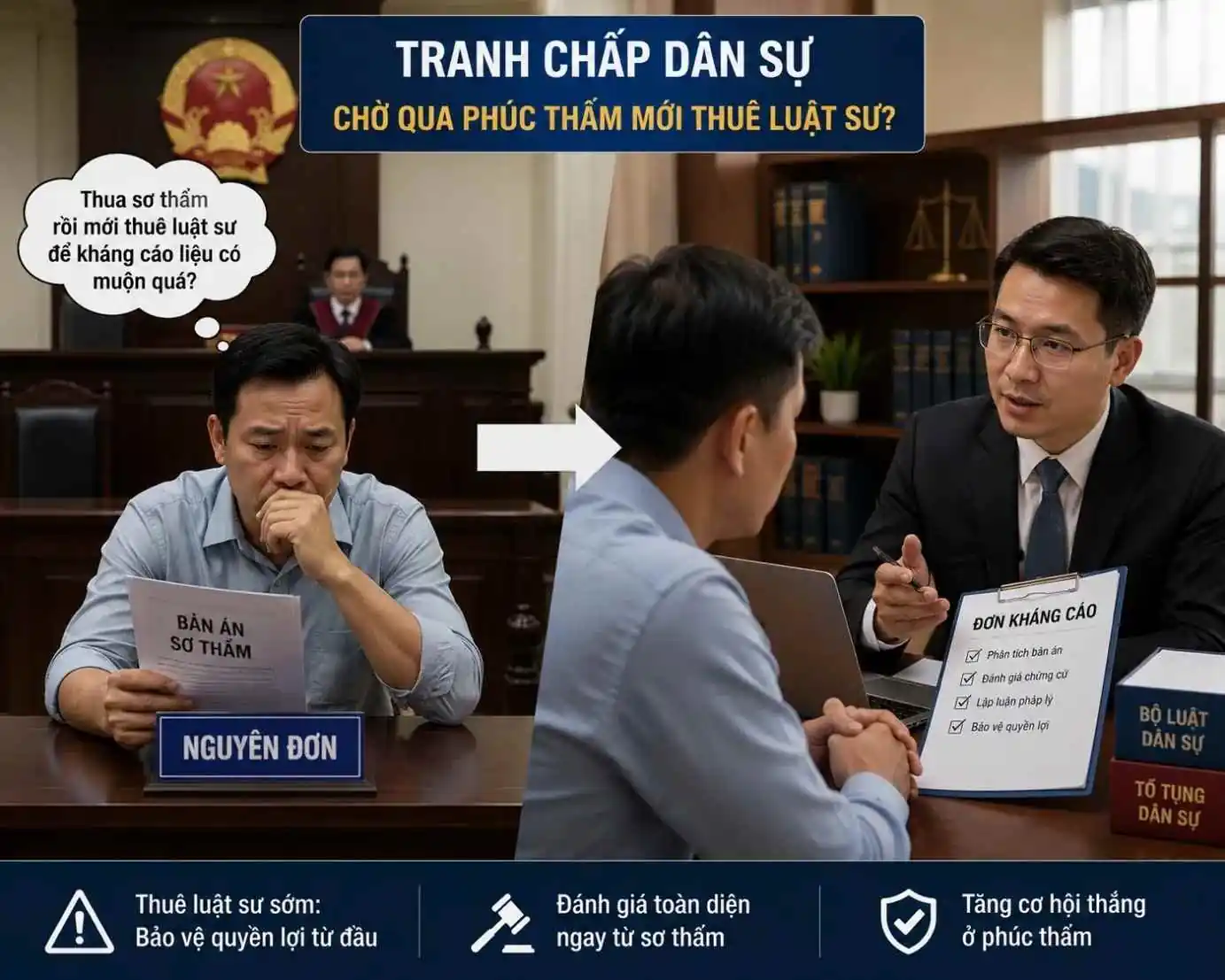 Tranh chấp dân sự chờ qua phúc thẩm mới thuê luật sư